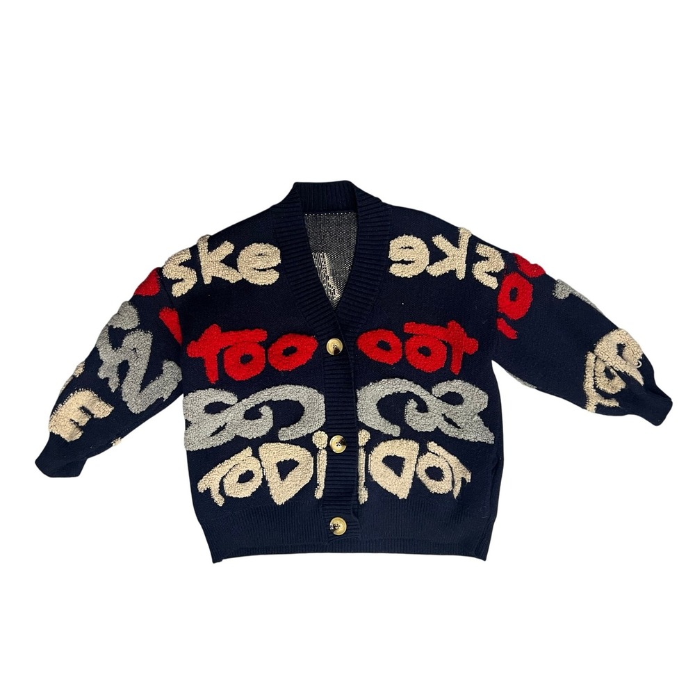Navy Blue Graphic Knit Cardigan Sweater Ask Me Too Rare To Die Streetwear L